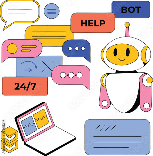 Customer service bot providing help and 24/7 support with chat bubbles, laptop, and data storage