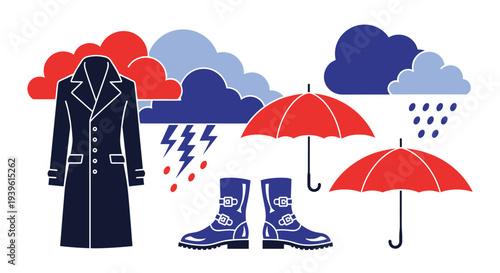 Graphic composition of rainy weather symbols including a dark coat, umbrellas, boots, clouds, lightning, and raindrops on white.