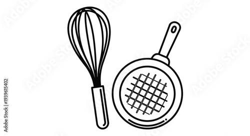Simple line art illustration of a kitchen whisk and a frying pan, representing essential cooking tools for culinary themes and baking icons.