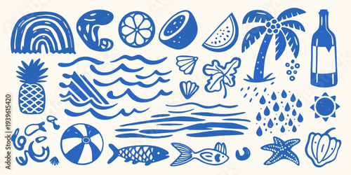 A collection of blue summer themed doodles and illustrations