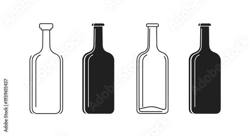 Row of wine and liquor bottle icons displayed in varying outline and silhouette styles for menu design and beverage branding.