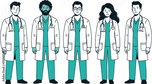 Medical doctors team illustration, healthcare professionals group wearing lab coats and stethoscopes, hospital staff characters, modern healthcare concept