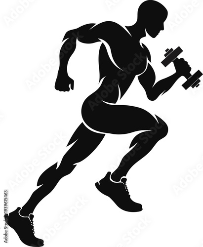 Muscular male silhouette running with dumbbell vector illustration isolated on transparent background