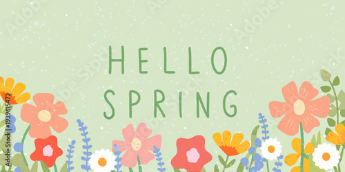 A cheerful illustration welcomes the arrival of spring with floral designs