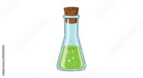 Glass Erlenmeyer flask filled with a bright green bubbling liquid and sealed with a brown cork stopper on a white background.