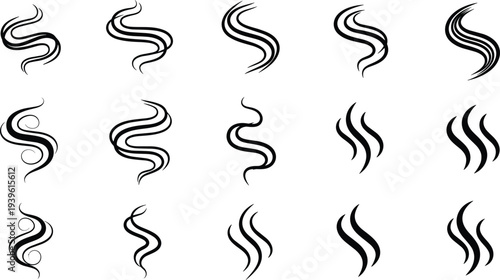 Vector Set of Fifteen Black Steam Smoke and Aroma Line Art Icons Isolated on White Background for Coffee Tea Hot Food and Cooking Concept