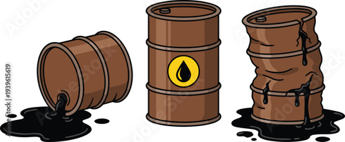 Oil barrel spill, damaged metal drums leaking black petroleum, industrial pollution concept, toxic waste leak, energy crisis illustration, environmental hazard