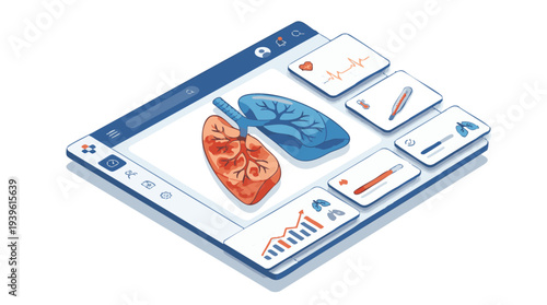 Modern isometric medical dashboard showcasing digital lung health monitoring, diagnostic analytics, and patient data visualization interface