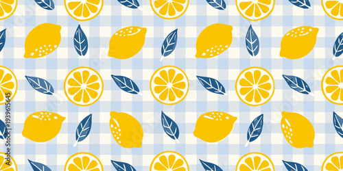Bright lemon pattern with slices leaves and a gingham background