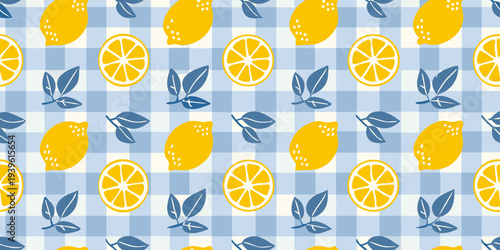 A cheerful pattern of lemons leaves and sliced citrus on gingham