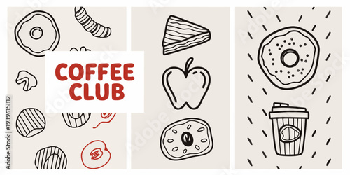 A collection of hand drawn breakfast and coffee related doodles