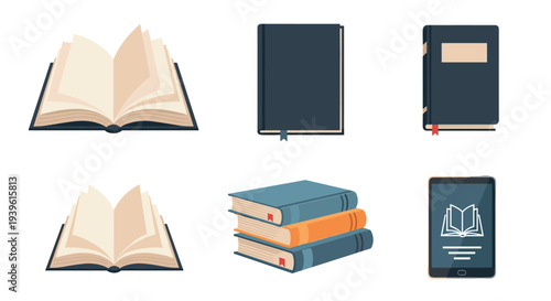 Book and Reading Icon Set with Open Book, Closed Book, Stack of Books, and Ebook Reader Illustrations for Education, Library, and Learning Design