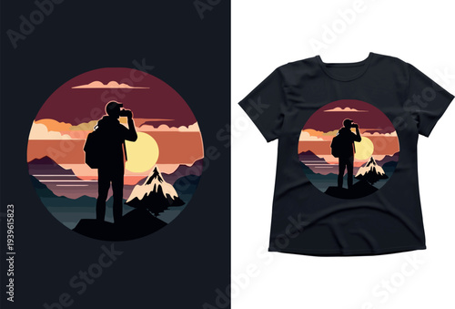 Mountain, sunset, adventure, hiking, outdoor, landscape, wilderness, nature, vintage, t-shirt, design, illustration