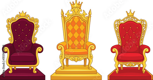 Royal throne chairs set, golden king seats with red velvet luxury design, monarchy furniture illustration, royal palace interior symbol