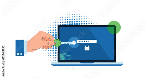 Cyber Security Login Concept Vector Illustration with Hand Inserting Key into Laptop Password Field Representing Data Protection, Authentication, Privacy, and Secure Access