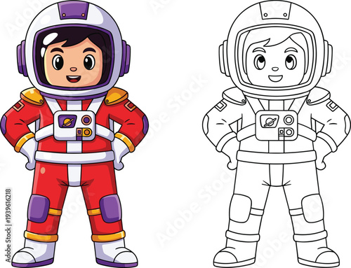 Cute Kid Astronaut Character with Spacesuit Cartoon Space Explorer Coloring Page and Color Version Vector Illustration