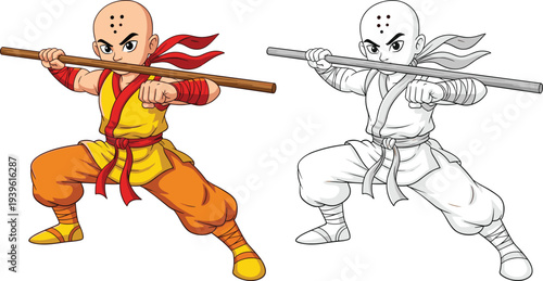 Shaolin Monk Martial Artist with Bo Staff Kung Fu Fighter Cartoon Character Coloring and Colored Vector Illustration