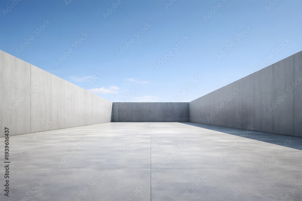 Obraz premium Minimalist concrete courtyard with high walls under clear blue sky in modern architectural s