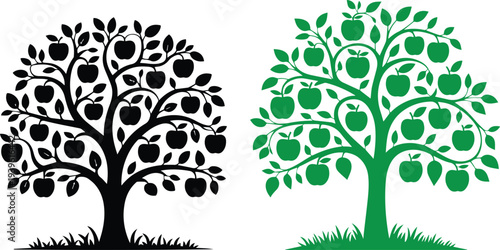 Apple tree vector set with black silhouette and green illustration on white background.
