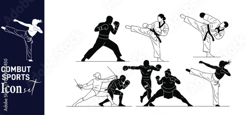 Martial Arts Silhouette Set with Boxing Taekwondo and Karate Icons
