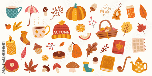 A colorful autumn collection featuring pumpkins leaves and cozy objects