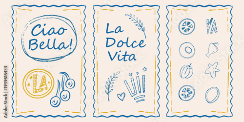Italian phrases and hand drawn illustrations on pastel colored rectangular panels