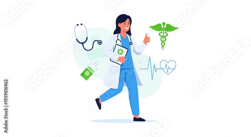 Smiling Female Doctor Thumbs Up with Medical Symbols. Healthcare Professional Illustration for Wellness, Health & Medical Concepts.