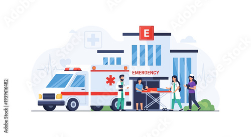 Ambulance Arriving at Hospital Emergency Entrance with Medical Team and Patient