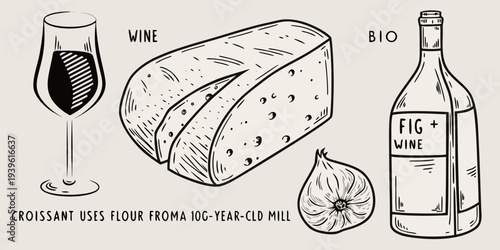 A sketch of wine cheese a croissant and figs with accompanying text
