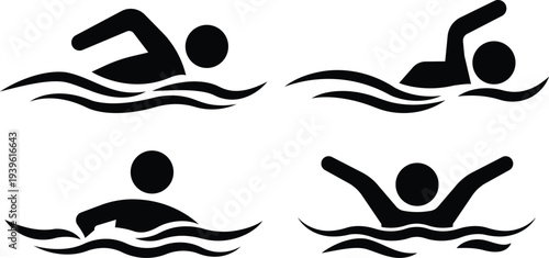 Stickman swimming stroke silhouette set, Stickman swimmer freestyle and backstroke icons, Stickman aquatic sport athlete collection