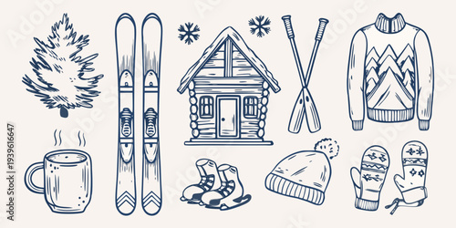 Winter scene featuring skis a cabin warm clothing and snowy details