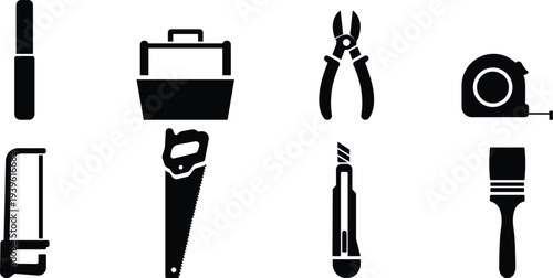 Hand tool icon set, Construction repair equipment silhouettes pack, Workshop tool collection