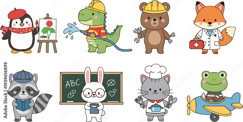 Fototapeta premium Cute Animal Professions Vector Set with Doctor Chef Teacher Pilot Builder Artist