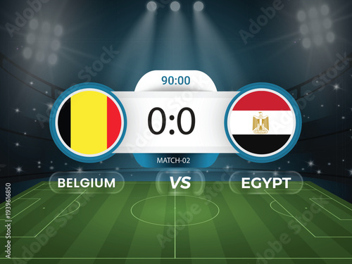 Belgium vs Egypt 2026 world cup match with scoreboard and broadcast schedule template design