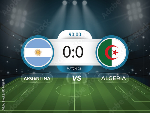 Argentina vs Algeria 2026 world cup match with scoreboard and broadcast schedule template design