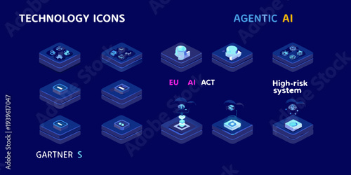 Isometric technology icons representing artificial intelligence and regulatory frameworks