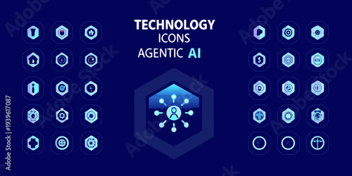 Technology icons and agentic ai illustration on a dark blue background