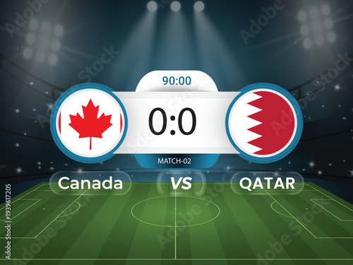 Canada vs Qatar 2026 world cup match with scoreboard and broadcast schedule template design