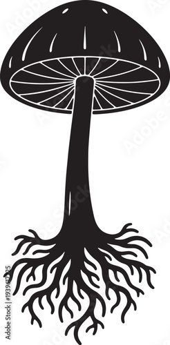 Black and white silhouette of a mushroom with roots also transparent background