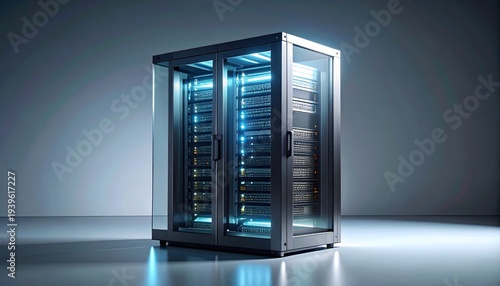 Single futuristic server rack encased in transparent glass with glowing blue internal hardware components isolated in a minimalist studio setting