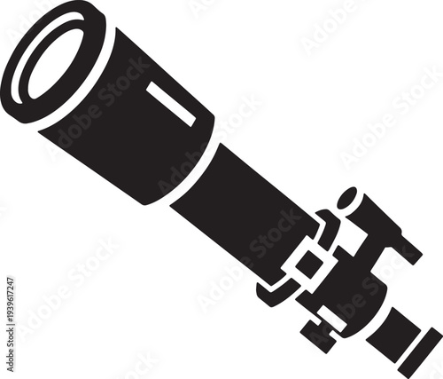 Black and white silhouette of a telescope with detailed viewfinder and adjustment knobs also transparent background