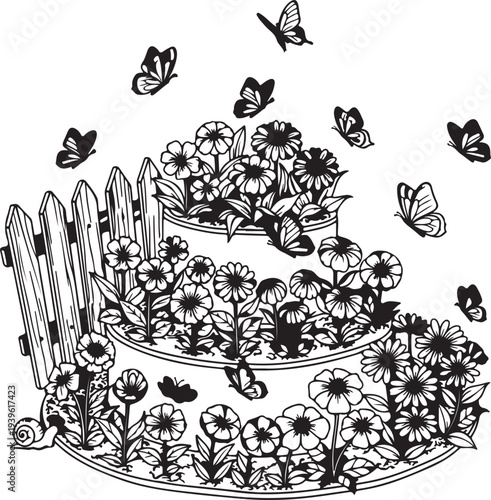Black and white illustration of a bee hive with butterflies