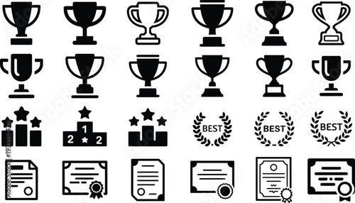 Collection of black and white trophy, podium, laurel wreath and certificate icons,