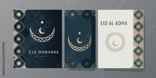 Three eid al adha and eid mubarak greeting card designs in gold tones