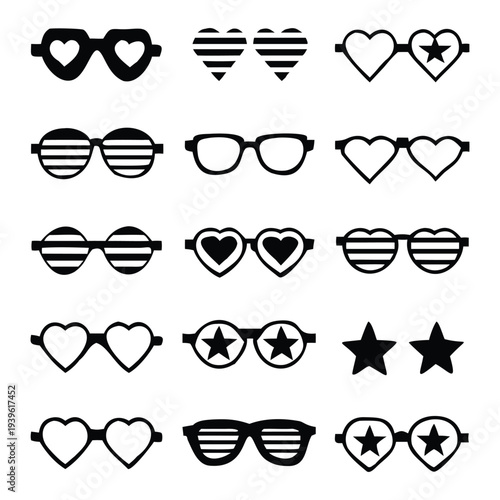 Collection of various party glasses and sunglasses icons with heart star and stripe designs