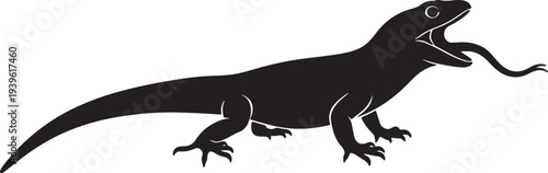Black silhouette of a lizard with long tail and open mouth also transparent background reptile