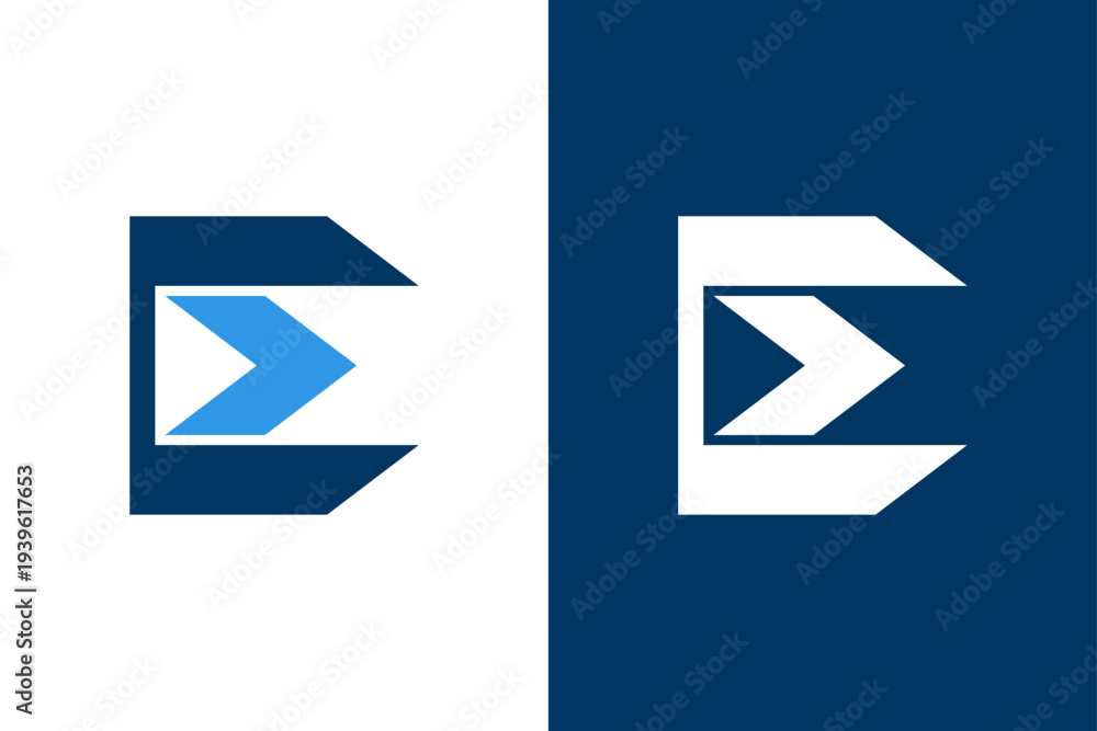 Naklejka premium Modern lettermark E logo with dynamic arrow element. Geometric monogram combining bold shapes and forward motion, creating a clean symbol ideal for delivery, logistics or transport brands.