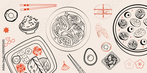 Line drawing of various japanese foods including sushi and ramen