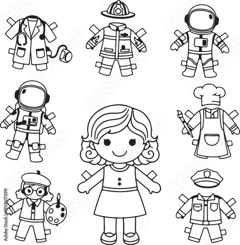 Coloring page for kids with various professions