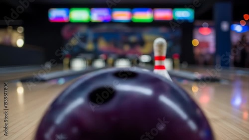 A close-up of a hand grasping a dark bowling ball with fingers, poised to throw it down a wooden lane towards pins
